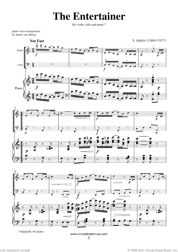 The Entertainer sheet music for violin, cello and piano by Scott Joplin, classical score, intermediate skill level