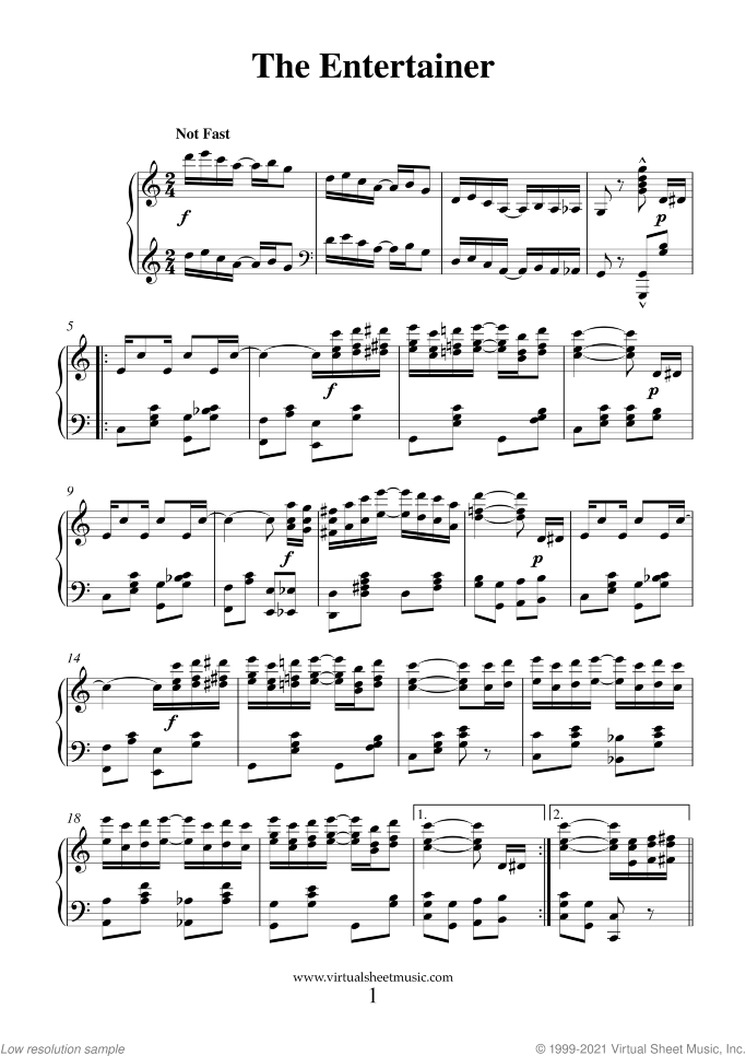 The Entertainer sheet music for piano solo by Scott Joplin, classical score, intermediate skill level