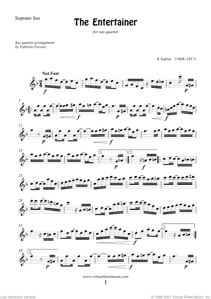 The Entertainer sheet music for saxophone quartet by Scott Joplin, classical score, advanced skill level