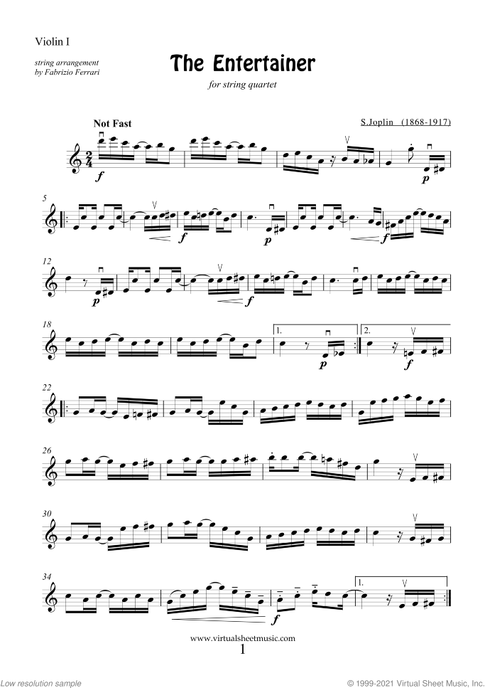 The Entertainer (parts) sheet music for string quartet by Scott Joplin, classical score, intermediate skill level