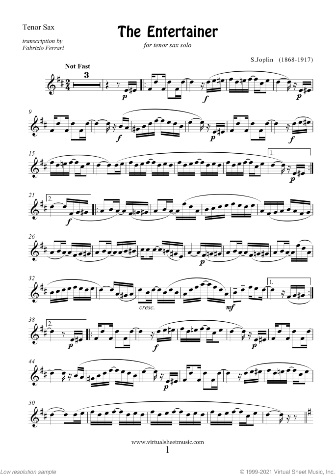 The Entertainer sheet music for tenor saxophone solo by Scott Joplin, classical score, easy skill level