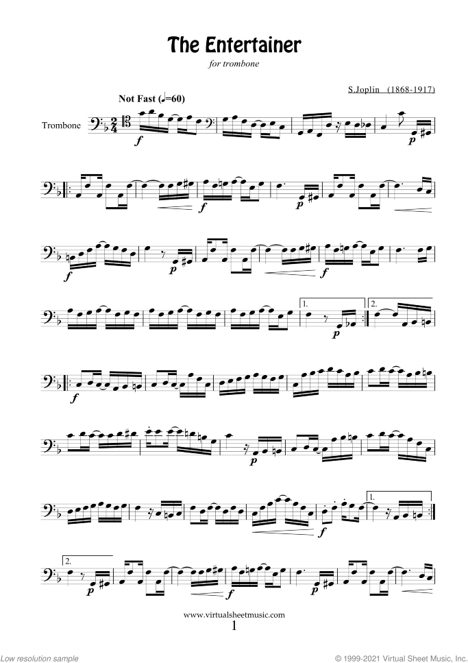 The Entertainer sheet music for trombone solo by Scott Joplin, classical score, easy skill level