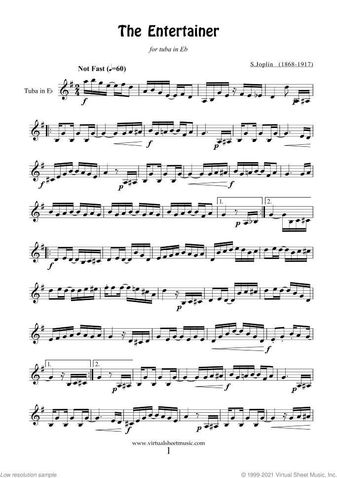 The Entertainer sheet music for tuba in Eb solo by Scott Joplin, classical score, easy skill level