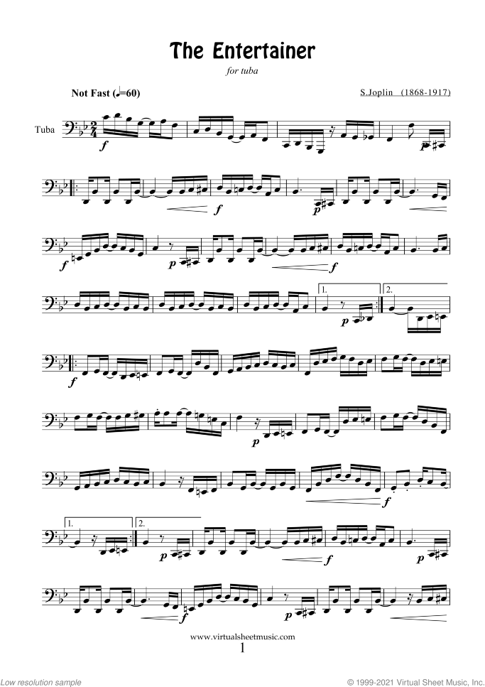 The Entertainer sheet music for tuba solo by Scott Joplin, classical score, easy skill level