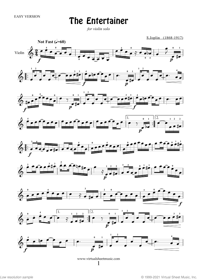 The Entertainer (easy version) sheet music for violin solo by Scott Joplin, classical score, easy skill level