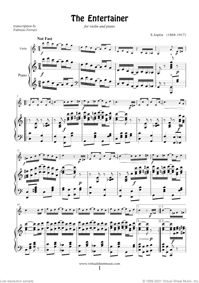 The Entertainer sheet music for violin and piano by Scott Joplin, classical score, intermediate skill level