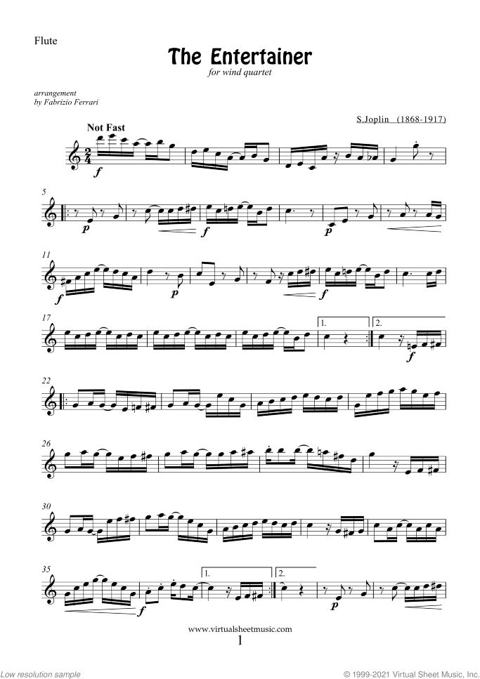 The Entertainer sheet music for wind quartet by Scott Joplin, classical score, intermediate skill level