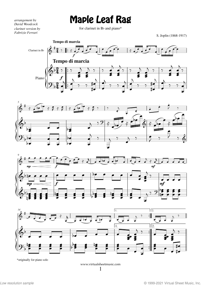 Maple Leaf Rag sheet music for clarinet and piano by Scott Joplin, classical score, intermediate skill level