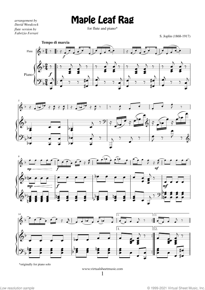 Maple Leaf Rag sheet music for flute and piano by Scott Joplin, classical score, intermediate skill level