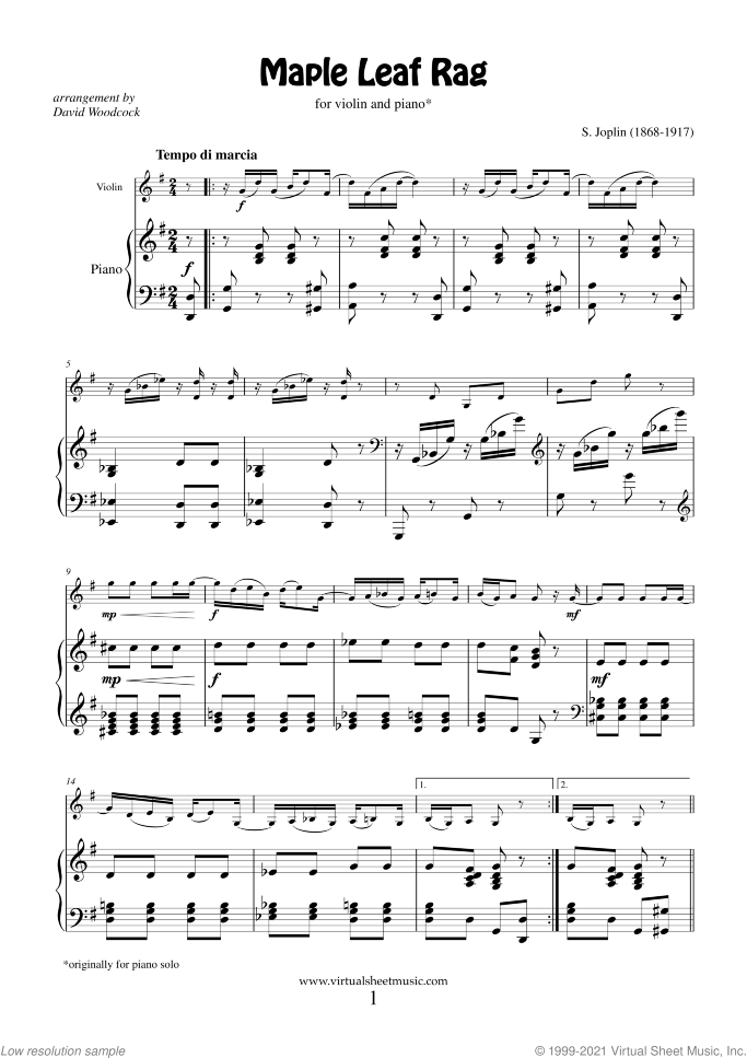 Maple Leaf Rag sheet music for violin and piano by Scott Joplin, classical score, intermediate skill level