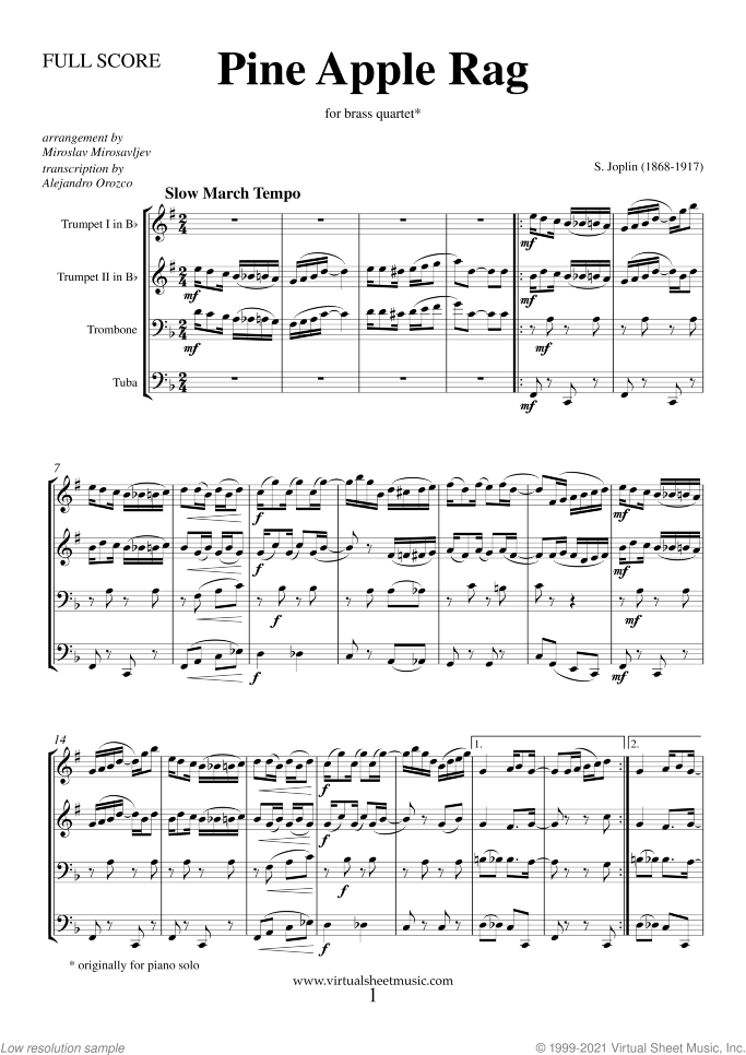 Pine Apple Rag (f.score) sheet music for brass quartet by Scott Joplin, classical score, intermediate skill level