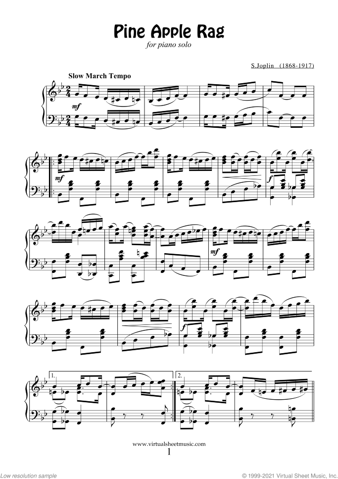 Pine Apple Rag sheet music for piano solo by Scott Joplin, classical score, intermediate skill level