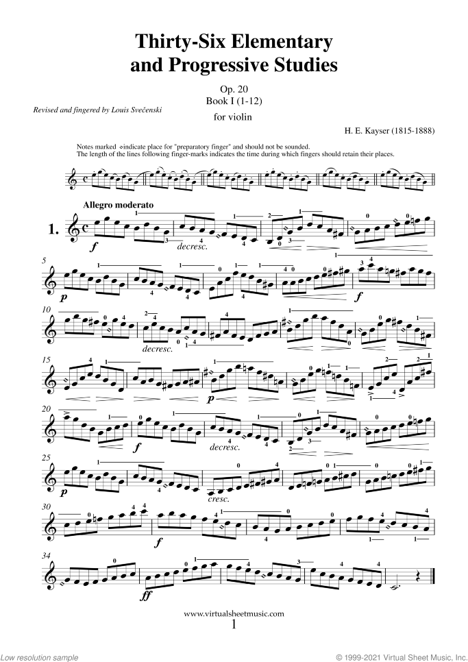 Etudes (1-36) sheet music for violin solo by Heinrich Ernst Kayser, classical score, intermediate skill level