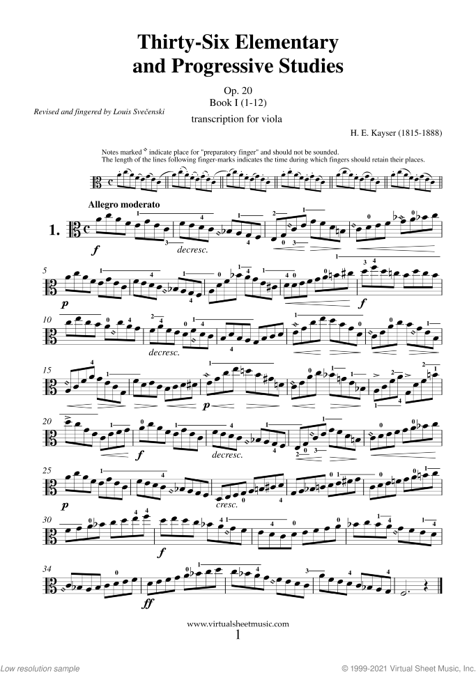 Etudes (1-36) sheet music for viola solo by Heinrich Ernst Kayser, classical score, intermediate skill level