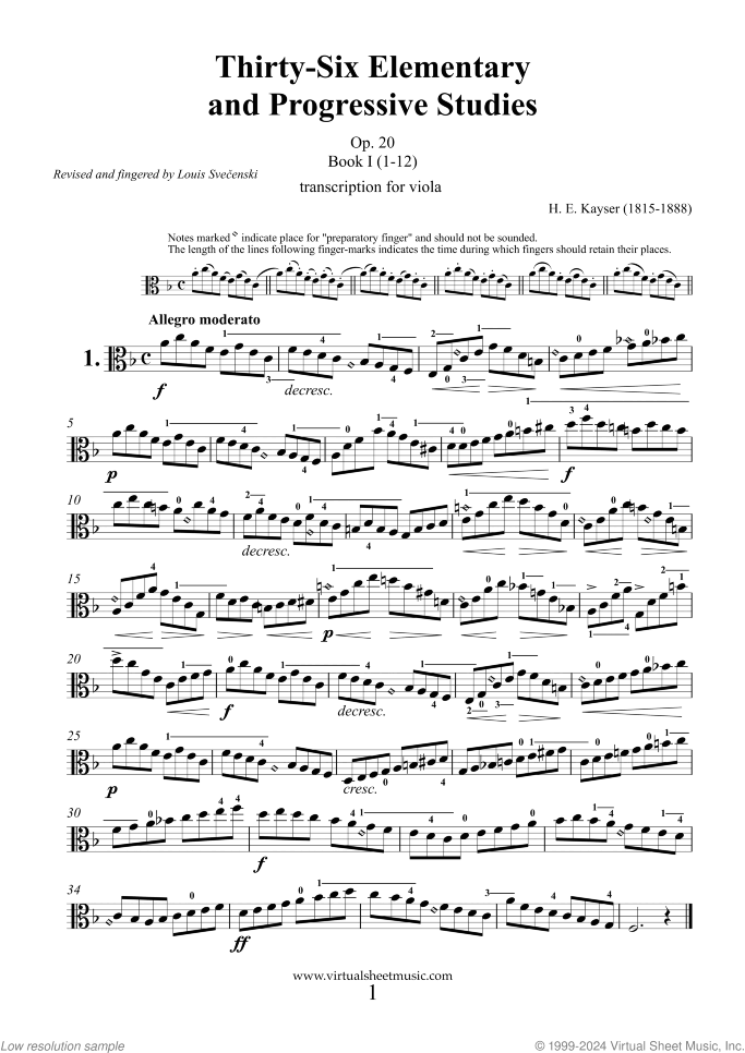 Etudes (1-12) sheet music for viola solo by Heinrich Ernst Kayser, classical score, intermediate skill level