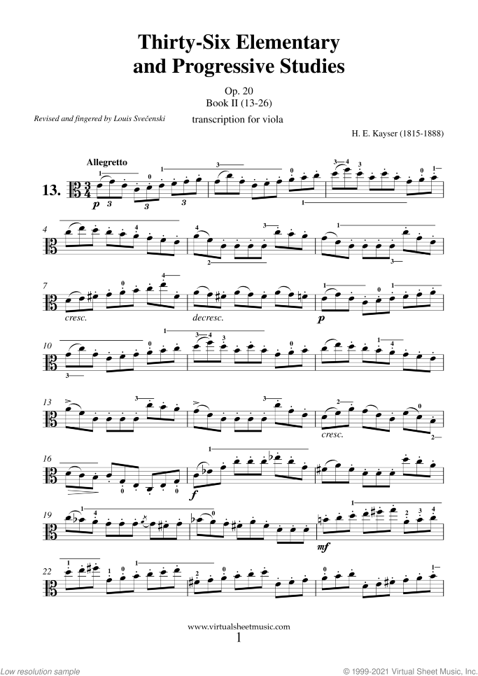 Etudes (13-26) sheet music for viola solo by Heinrich Ernst Kayser, classical score, intermediate skill level