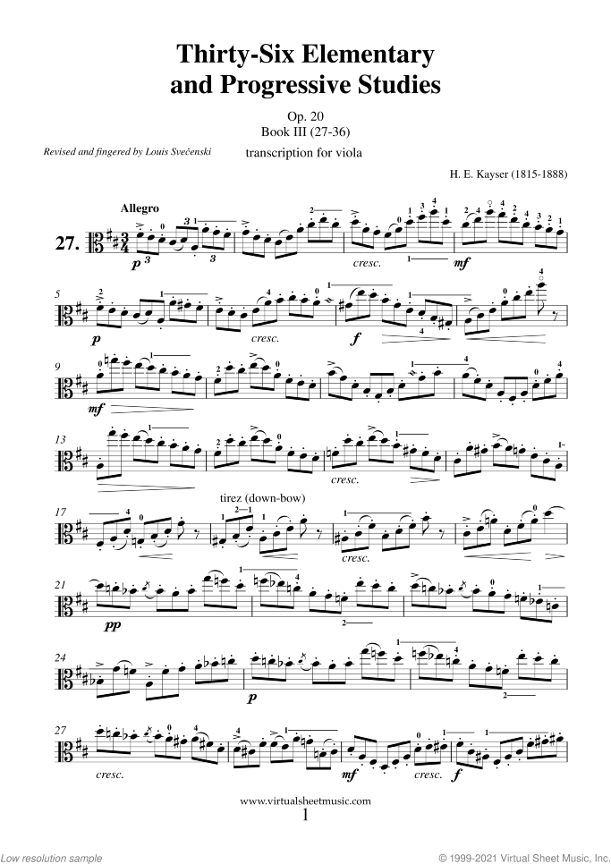 Etudes (27-36) sheet music for viola solo by Heinrich Ernst Kayser, classical score, intermediate skill level