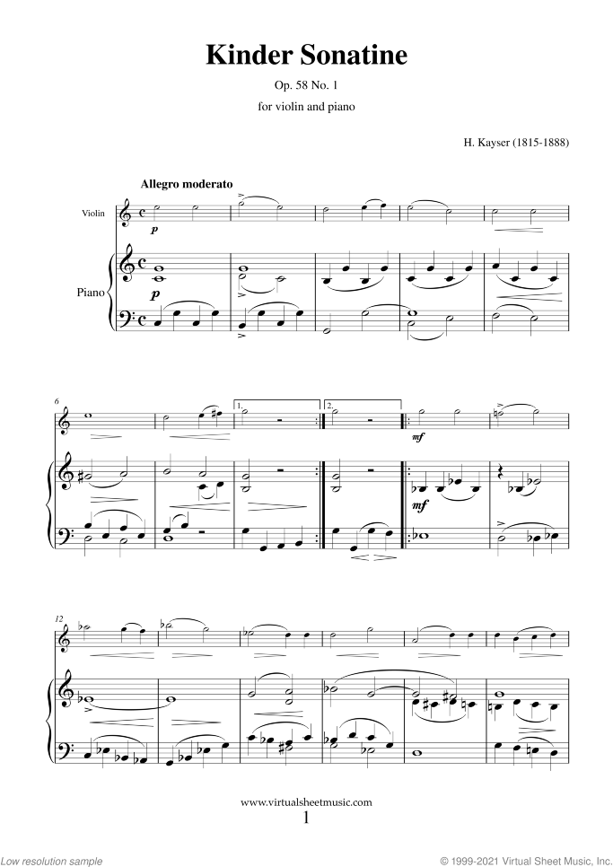 Kinder Sonatine Op. 58 No. 1 sheet music for violin and piano by Heinrich Ernst Kayser, classical score, easy skill level