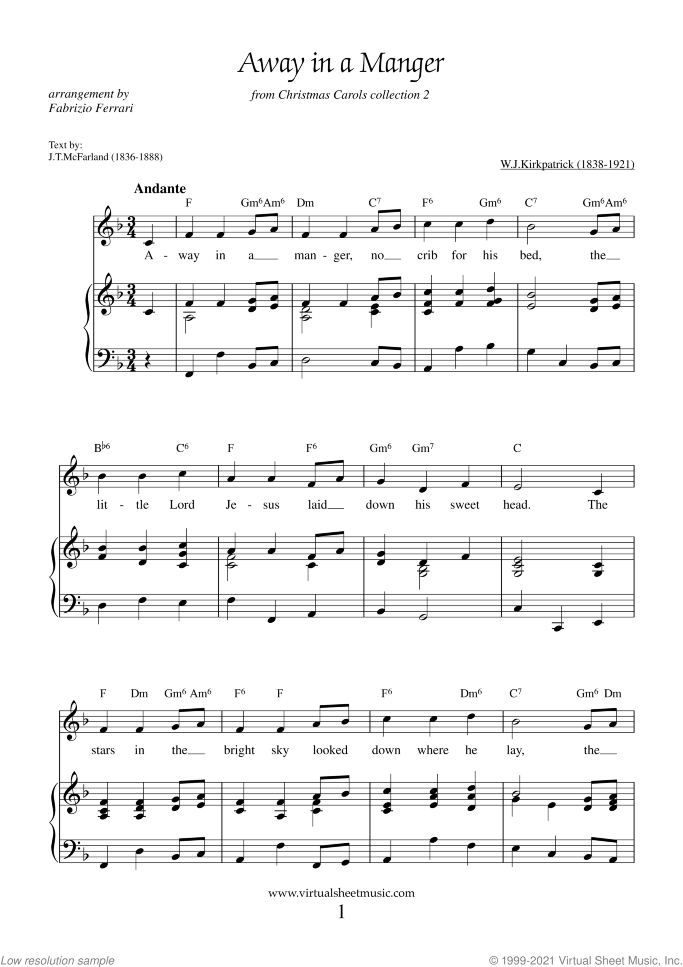 Away in a Manger sheet music for piano, voice or other instruments by William J. Kirkpatrick, easy skill level