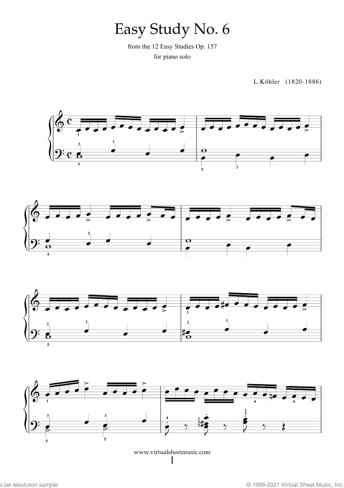 Easy Study No.6 sheet music for piano solo by Louis Kohler, classical score, easy skill level