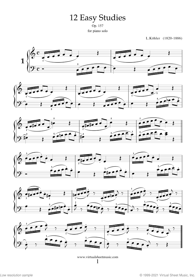 Easy Studies sheet music for piano solo by Louis Kohler, classical score, easy skill level