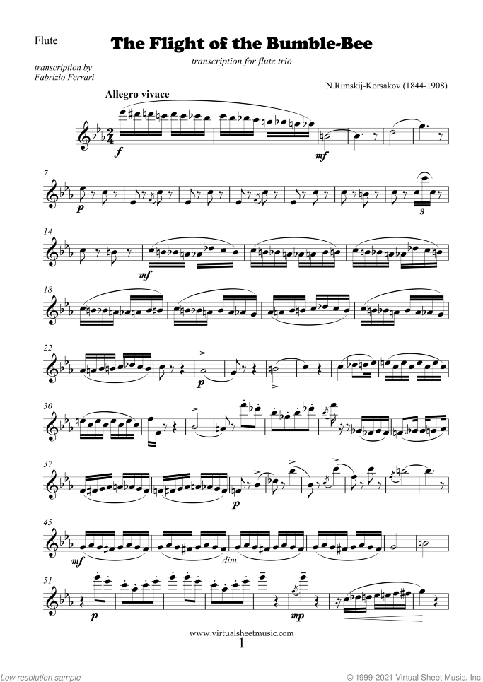 The Flight of the Bumblebee (parts) sheet music for flute trio by Nikolai Rimsky-Korsakov, classical score, advanced skill level