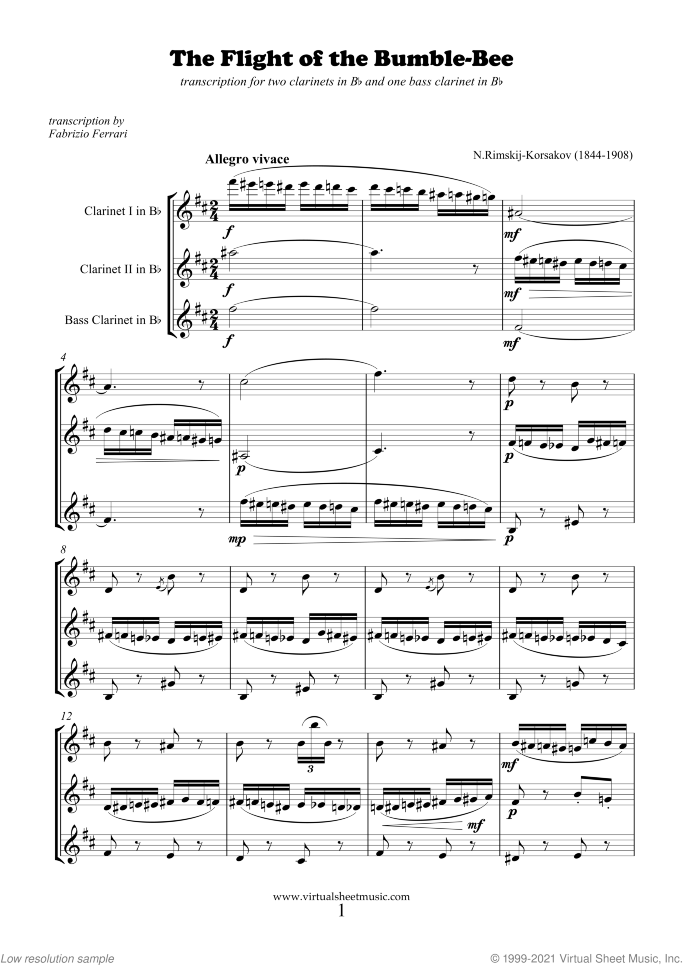 The Flight of the Bumblebee (f.score) sheet music for two clarinets and bass clarinet by Nikolai Rimsky-Korsakov, classical score, advanced skill level