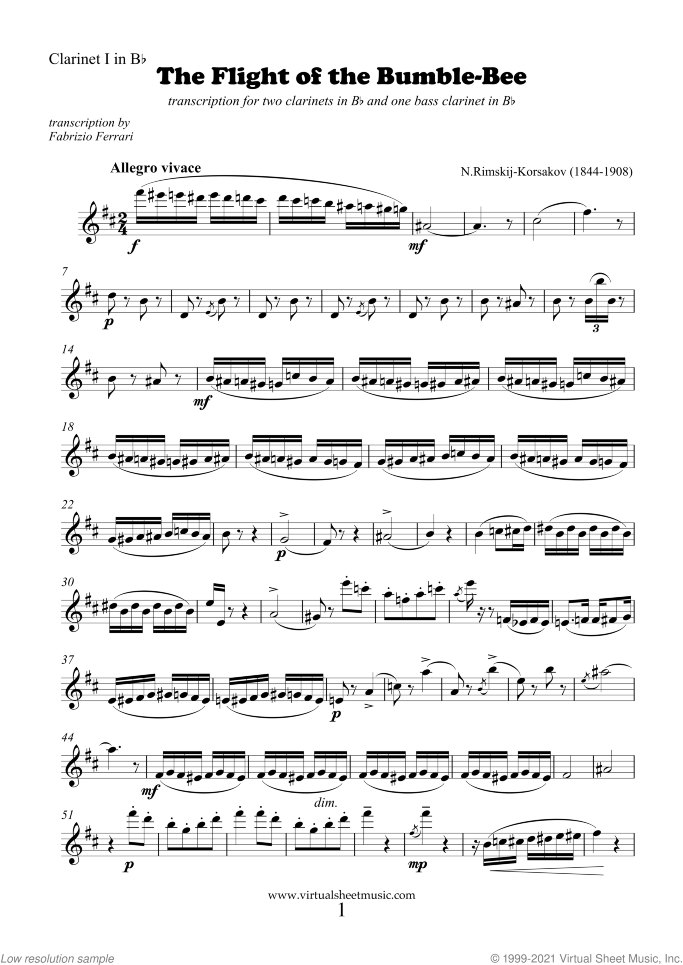 The Flight of the Bumblebee (parts) sheet music for two clarinets and bass clarinet by Nikolai Rimsky-Korsakov, classical score, advanced skill level