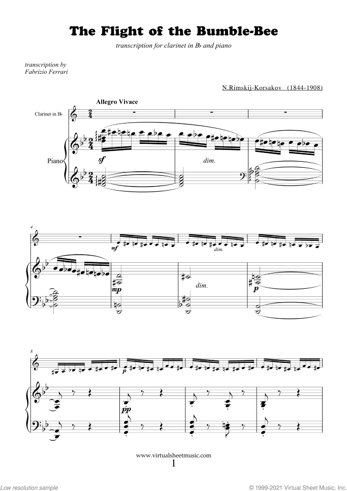 The Flight of the Bumblebee sheet music for clarinet and piano by Nikolai Rimsky-Korsakov, classical score, advanced skill level