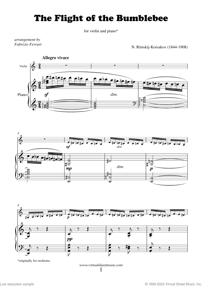 The Flight of the Bumblebee sheet music for violin and piano by Nikolai Rimsky-Korsakov, classical score, intermediate/advanced skill level