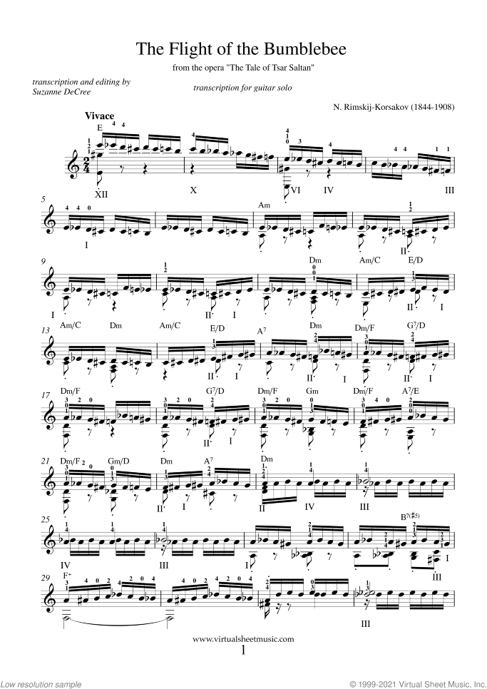 The Flight of the Bumblebee (intermediate/advanced) sheet music for guitar solo by Nikolai Rimsky-Korsakov, classical score, intermediate/advanced skill level