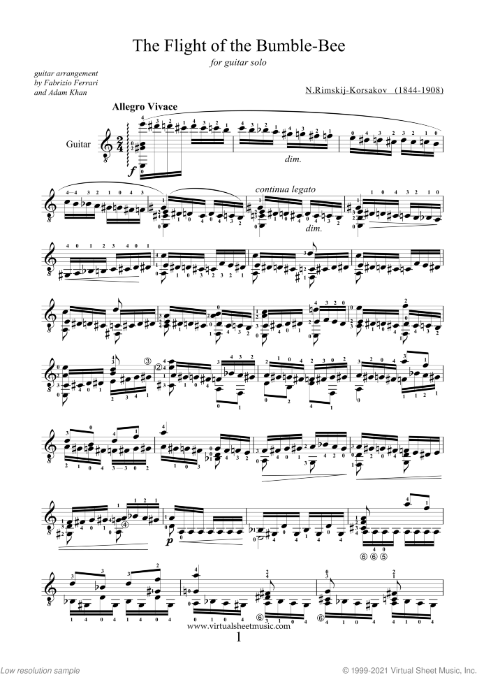 The Flight of the Bumblebee (advanced) sheet music for guitar solo by Nikolai Rimsky-Korsakov, classical score, advanced skill level