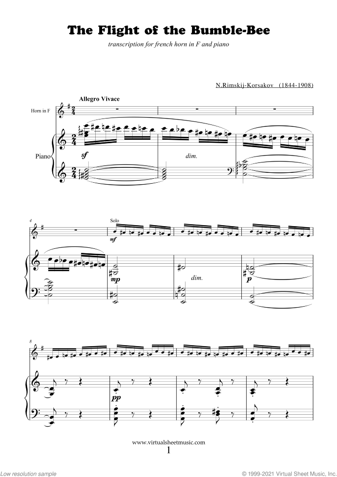 The Flight of the Bumblebee sheet music for horn and piano by Nikolai Rimsky-Korsakov, classical score, advanced skill level