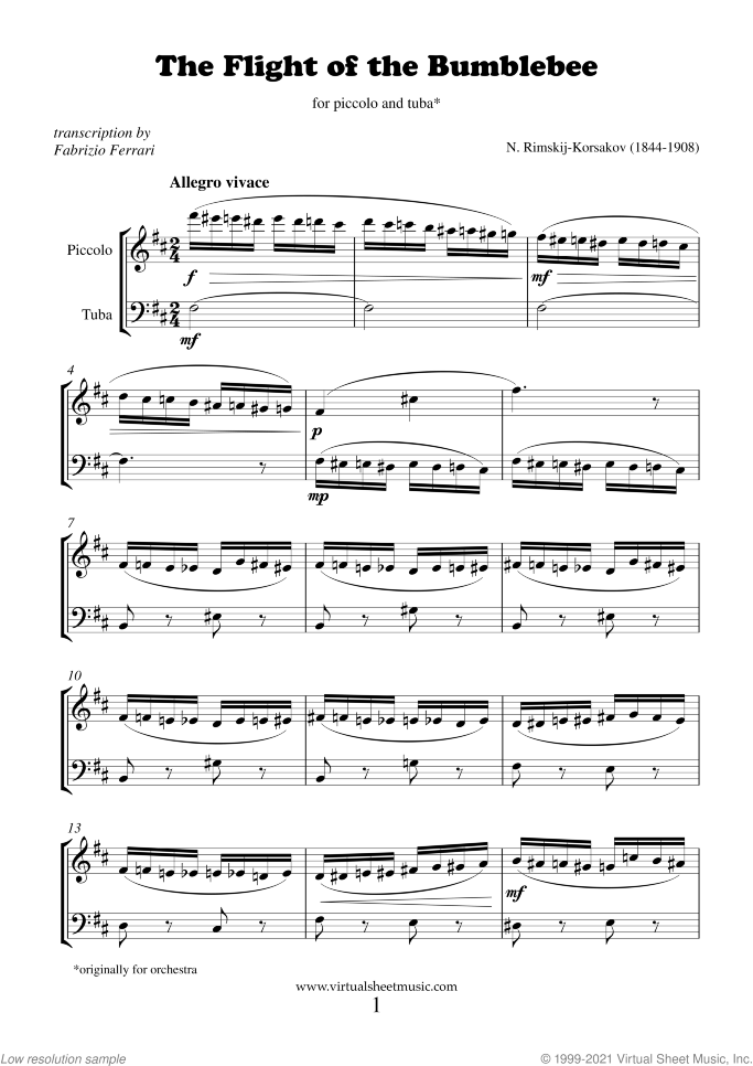 The Flight of the Bumblebee (NEW EDITION) sheet music for piccolo and tuba by Nikolai Rimsky-Korsakov, classical score, advanced duet