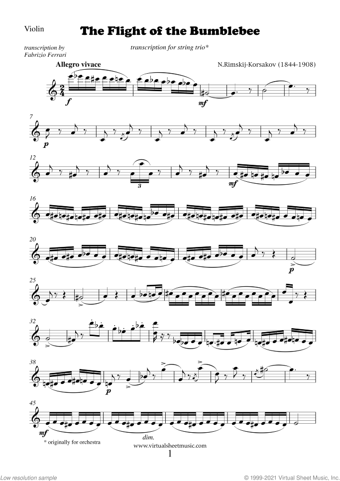 The Flight of the Bumblebee (parts) sheet music for string trio by Nikolai Rimsky-Korsakov, classical score, advanced skill level