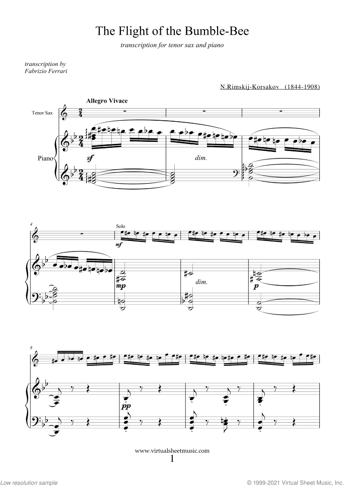 The Flight of the Bumblebee sheet music for tenor saxophone and piano by Nikolai Rimsky-Korsakov, classical score, advanced skill level