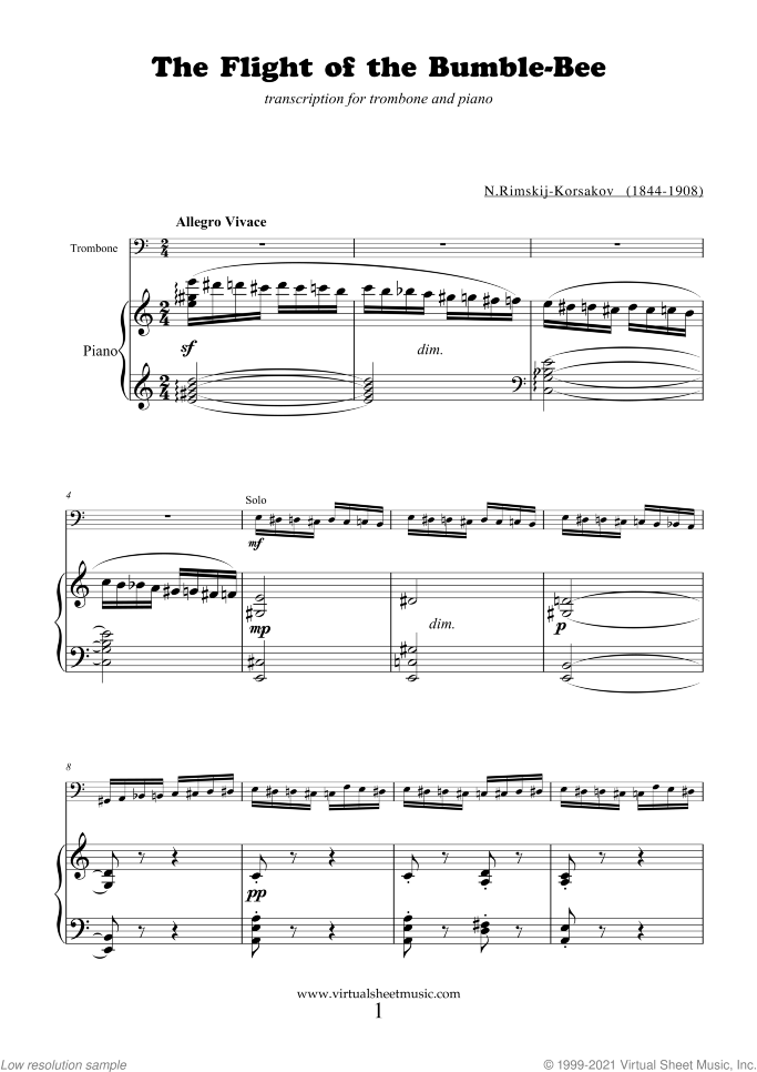 The Flight of the Bumblebee sheet music for trombone and piano by Nikolai Rimsky-Korsakov, classical score, advanced skill level