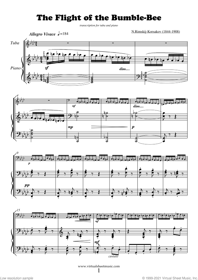 The Flight of the Bumblebee sheet music for tuba and piano by Nikolai Rimsky-Korsakov, classical score, advanced skill level