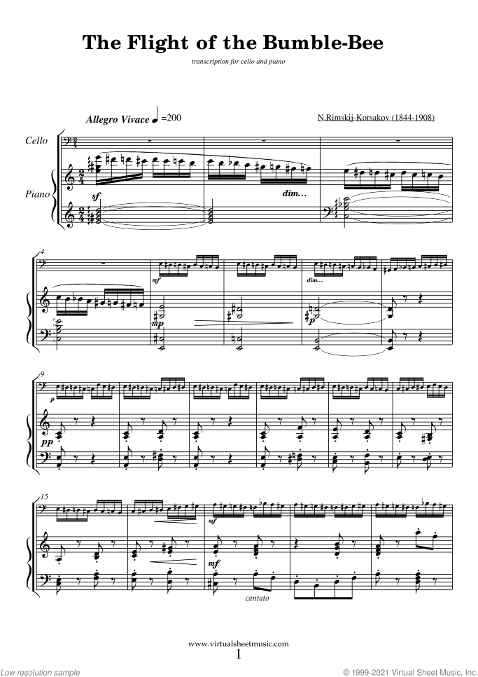 The Flight of the Bumblebee sheet music for cello and piano by Nikolai Rimsky-Korsakov, classical score, advanced skill level