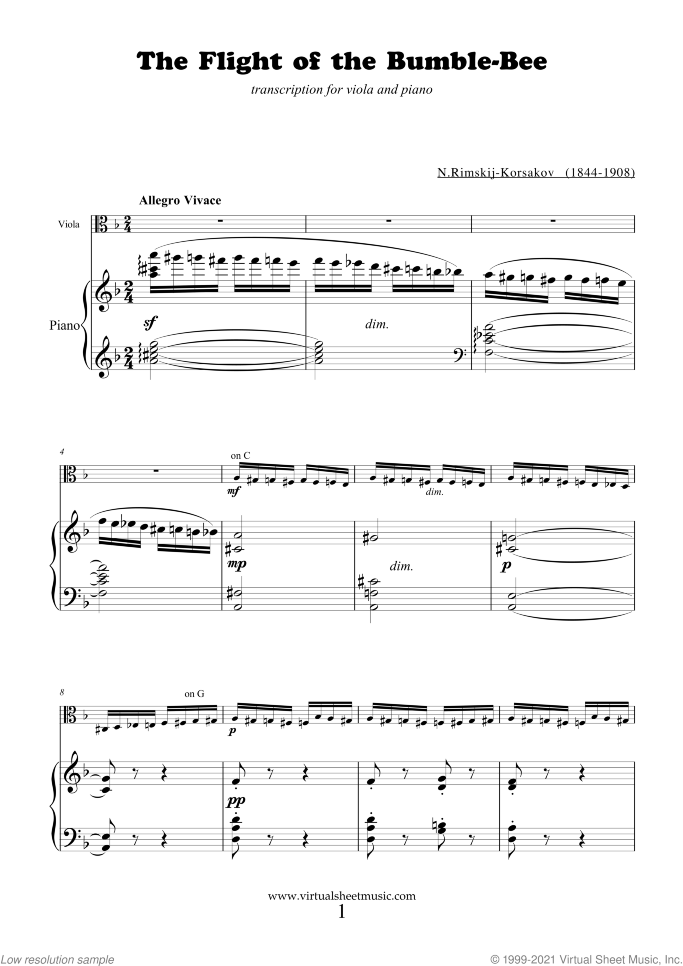 The Flight of the Bumblebee sheet music for viola and piano by Nikolai Rimsky-Korsakov, classical score, advanced skill level
