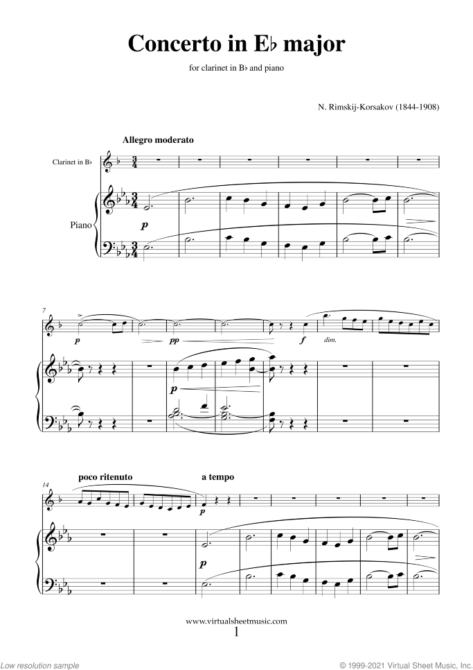 Concerto in Eb major sheet music for clarinet and piano by Nikolai Rimsky-Korsakov, classical score, intermediate/advanced skill level