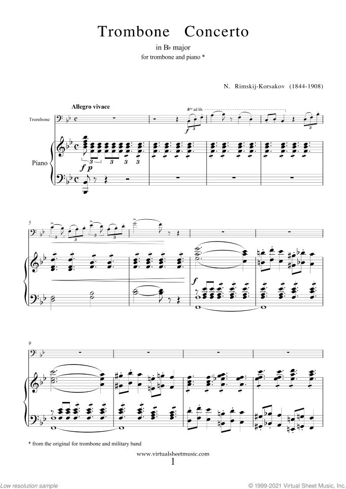 Concerto in Bb major sheet music for trombone and piano by Nikolai Rimsky-Korsakov, classical score, intermediate/advanced skill level