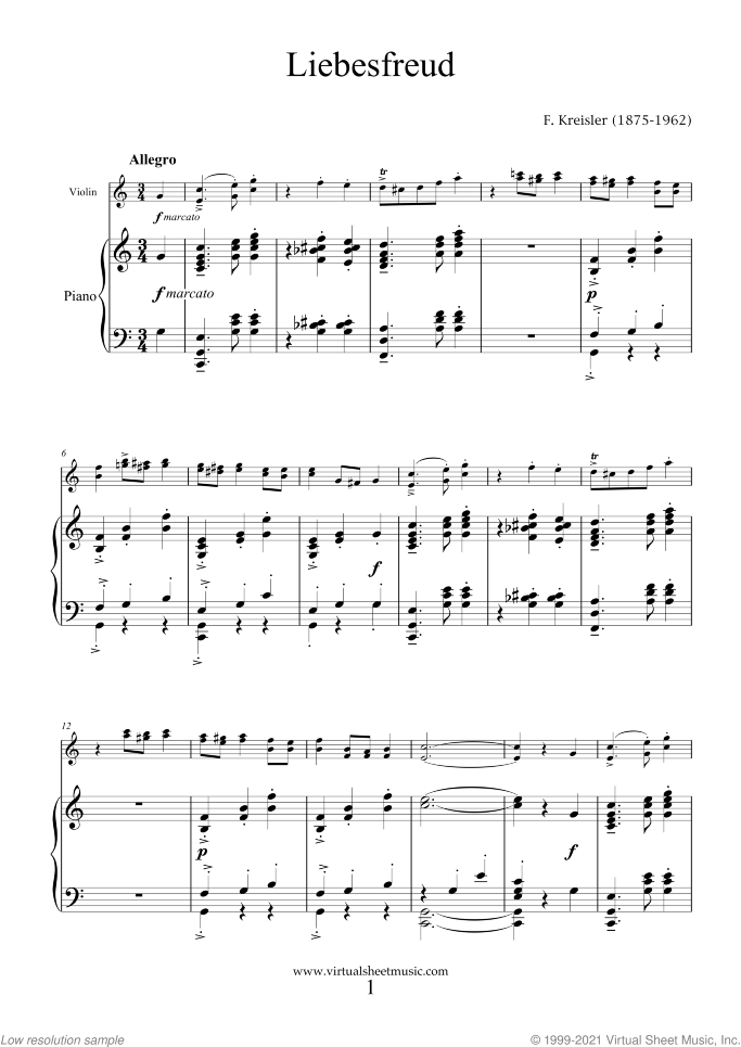 Liebesfreud sheet music for violin and piano by Fritz Kreisler, classical score, intermediate skill level