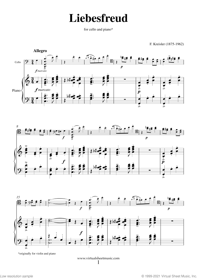 Liebesfreud sheet music for cello and piano by Fritz Kreisler, classical score, intermediate skill level