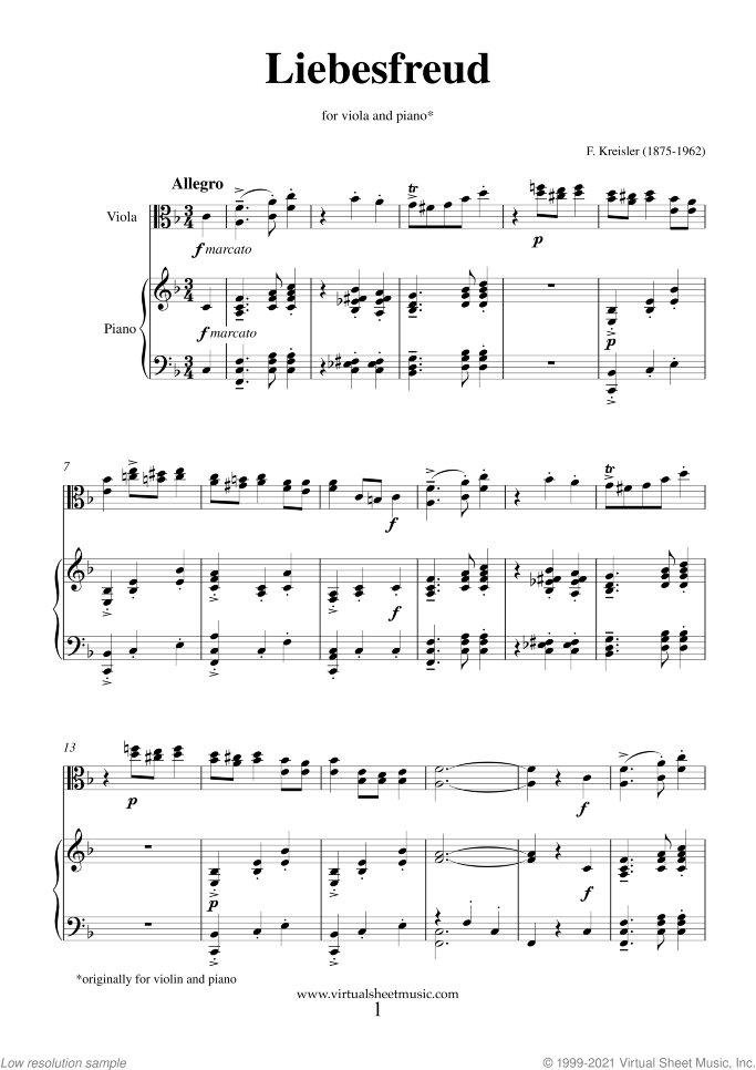 Liebesfreud sheet music for viola and piano by Fritz Kreisler, classical score, intermediate skill level