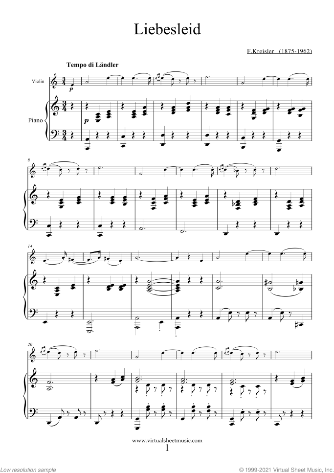 Liebesleid sheet music for violin and piano by Fritz Kreisler, classical score, intermediate skill level