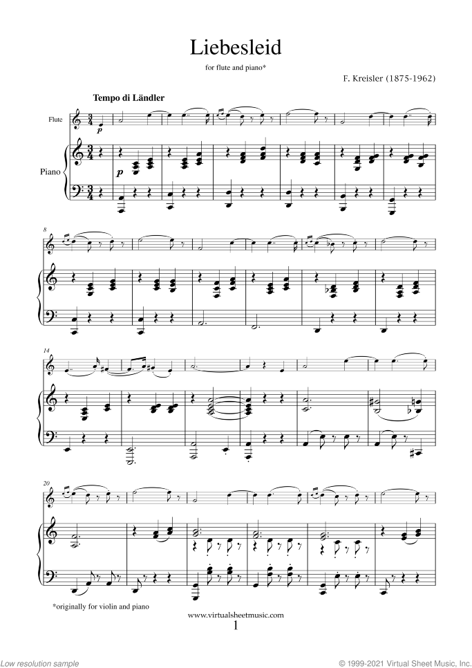 Liebesleid sheet music for flute and piano by Fritz Kreisler, classical score, intermediate skill level