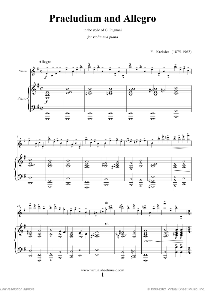 Praeludium and Allegro sheet music for violin and piano by Fritz Kreisler, classical score, intermediate/advanced skill level