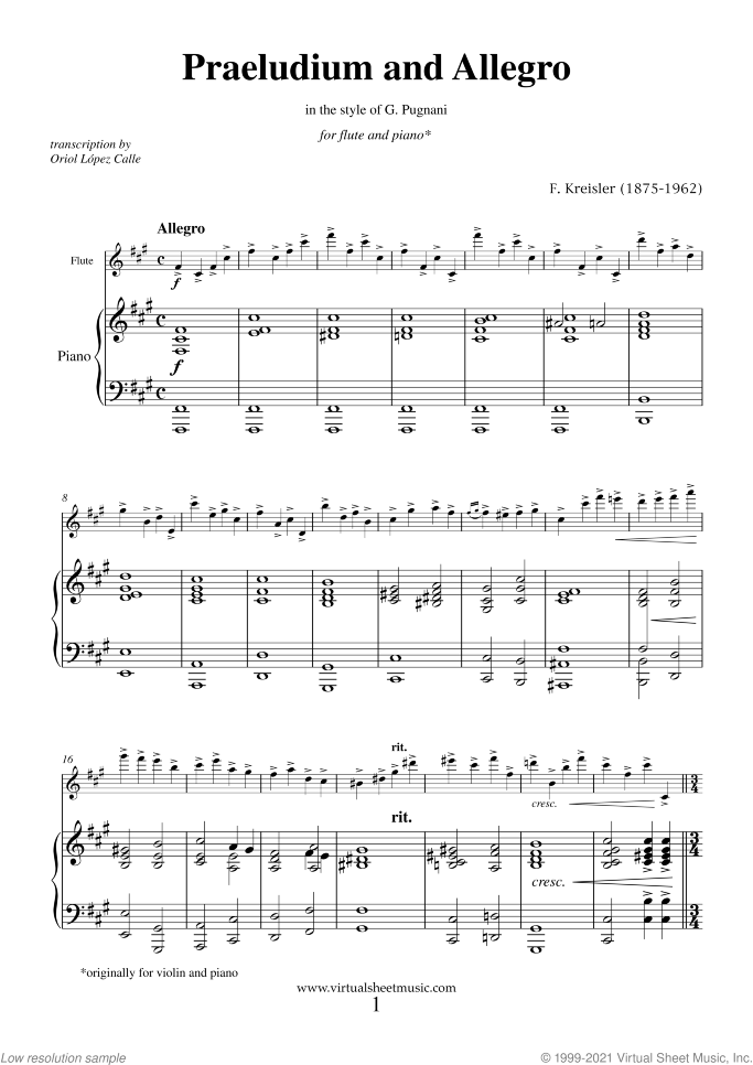 Praeludium and Allegro sheet music for flute and piano by Fritz Kreisler, classical score, intermediate/advanced skill level