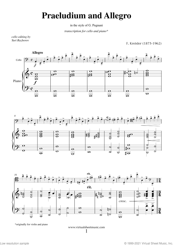 Praeludium and Allegro sheet music for cello and piano by Fritz Kreisler, classical score, intermediate/advanced skill level